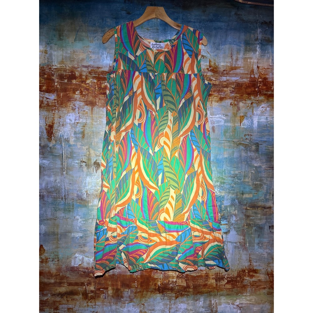 Anthony‎ Richards Tropical Leaf Muumuu Dress Multicolor Sleeveless Pockets L/P